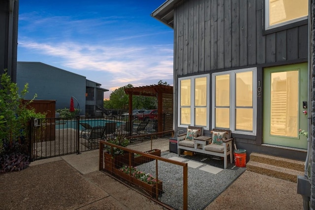 909 Reinli St Unit 104, Austin, TX 78751 - view of patio featuring a pergola, an outdoor living space, and fence