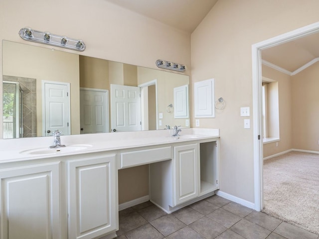 2101 Burnie Bishop Pl, Cedar Park, TX 78613 - full bathroom with double vanity, tile patterned flooring, tiled shower, and ornamental molding
