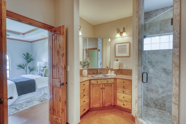 3320 River Oaks Dr, Kingsland, TX 78639 - ensuite bathroom featuring a stall shower, vanity, and ornamental molding