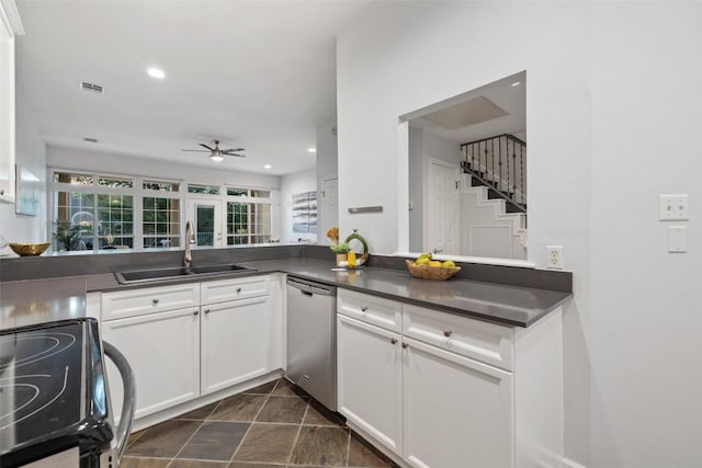 2918 N 620th Rd Unit O282, Austin, TX 78734 - kitchen with dishwasher, electric stove, a sink, dark countertops, and ceiling fan
