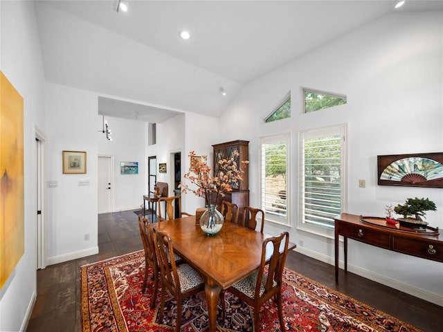 7115 Las Ventanas Dr, Austin, TX 78731 - dining room with high vaulted ceiling, recessed lighting, and wood finished floors