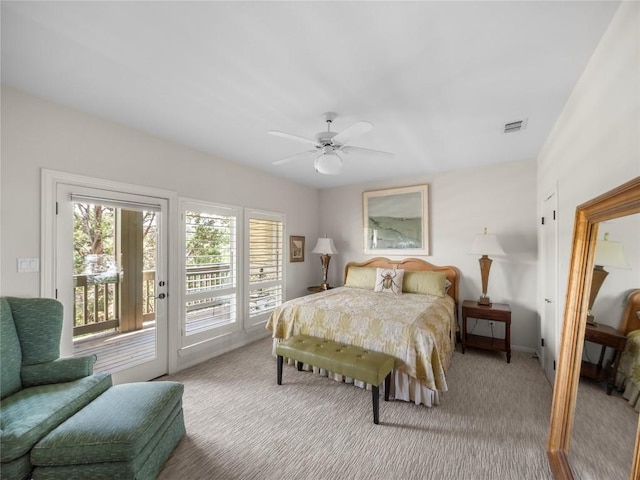 7115 Las Ventanas Dr, Austin, TX 78731 - bedroom featuring access to exterior, light colored carpet, and ceiling fan