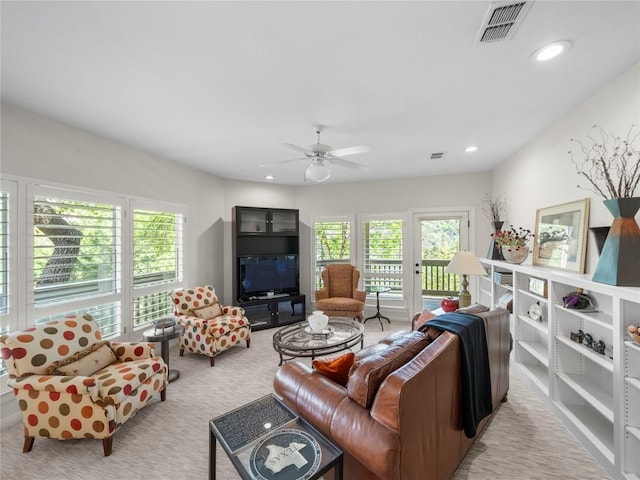 7115 Las Ventanas Dr, Austin, TX 78731 - carpeted living room featuring a ceiling fan and recessed lighting