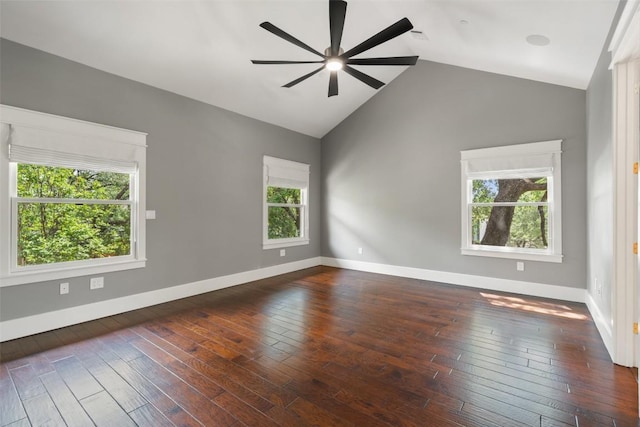 4828 Timberline Dr, Austin, TX 78746 - empty room with a ceiling fan, dark wood finished floors, and vaulted ceiling