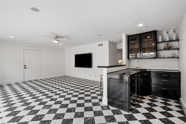 4828 Timberline Dr, Austin, TX 78746 - kitchen with a ceiling fan, recessed lighting, open shelves, and open floor plan
