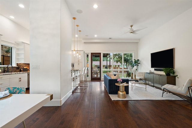 4828 Timberline Dr, Austin, TX 78746 - living room with a ceiling fan, dark wood-type flooring, and recessed lighting