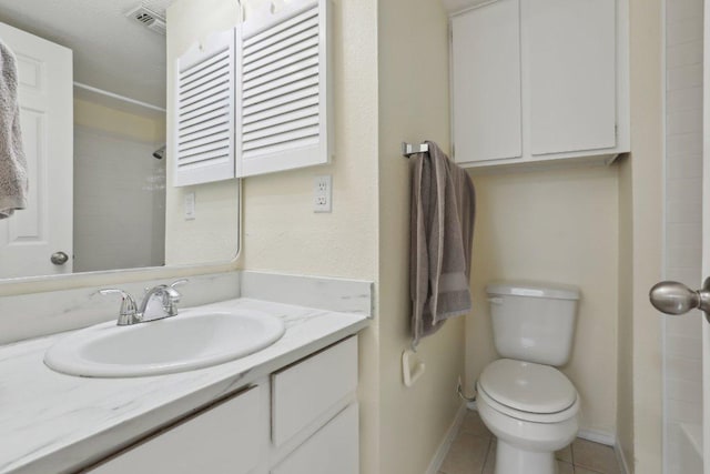 full bath featuring a shower, tile patterned floors, visible vents, and toilet