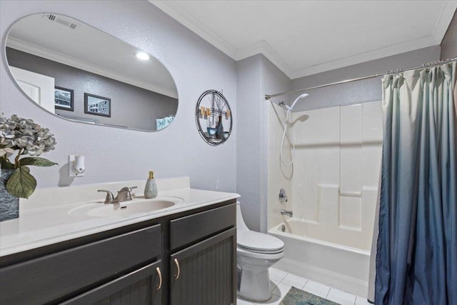 550 League Line Rd, Smithville, TX 78957 - bathroom with crown molding, tile patterned floors, toilet, vanity, and shower / bath combo