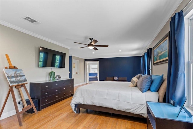 550 League Line Rd, Smithville, TX 78957 - bedroom featuring ornamental molding, light wood-style floors, baseboards, a ceiling fan, and recessed lighting