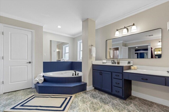 550 League Line Rd, Smithville, TX 78957 - bathroom featuring a bath, vanity, crown molding, baseboards, and recessed lighting