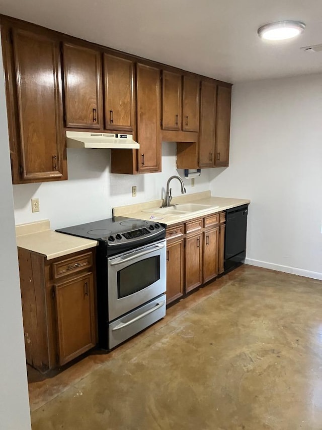 102 Rose Dr, Dripping Springs, TX 78620 - kitchen with light countertops, under cabinet range hood, a sink, dishwasher, and stainless steel range with electric cooktop