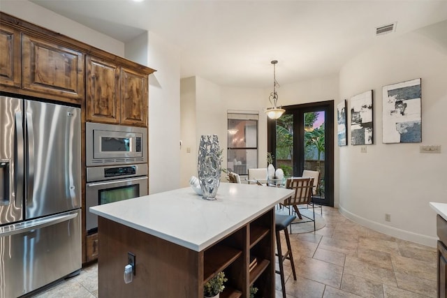13606 Montview Dr, Austin, TX 78732 - kitchen with appliances with stainless steel finishes, baseboards, a kitchen island, open shelves, and light countertops