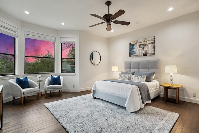 13606 Montview Dr, Austin, TX 78732 - bedroom featuring hardwood / wood-style floors, baseboards, recessed lighting, and ceiling fan