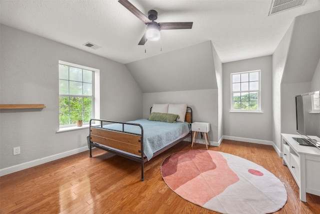 12099 Bonham Ranch Rd, Dripping Springs, TX 78620 - bedroom with multiple windows, lofted ceiling, baseboards, and light wood-type flooring