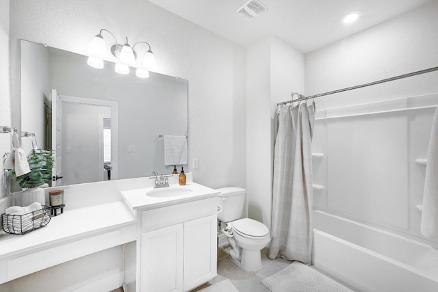 full bathroom with shower / bath combo, vanity, tile patterned floors, toilet, and visible vents