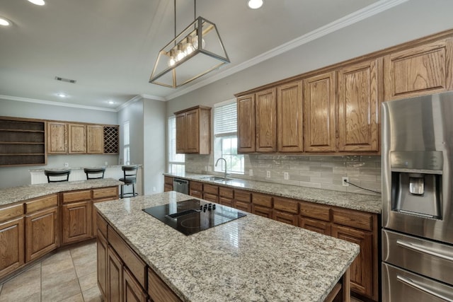 3803 Bobby Jones Way, Round Rock, TX 78664 - kitchen with appliances with stainless steel finishes, open shelves, brown cabinetry, recessed lighting, and backsplash