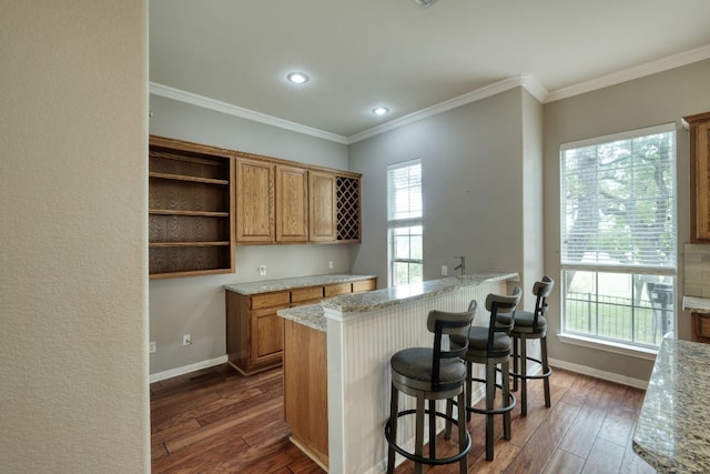 3803 Bobby Jones Way, Round Rock, TX 78664 - kitchen with open shelves, dark wood-type flooring, brown cabinets, a kitchen breakfast bar, and light stone countertops