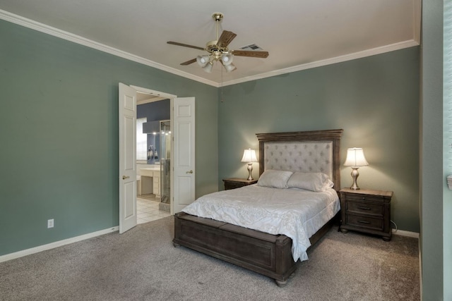3803 Bobby Jones Way, Round Rock, TX 78664 - bedroom with carpet flooring, crown molding, ensuite bathroom, and a ceiling fan
