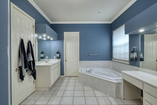 3803 Bobby Jones Way, Round Rock, TX 78664 - full bathroom featuring vanity, a bath, crown molding, and tile patterned floors