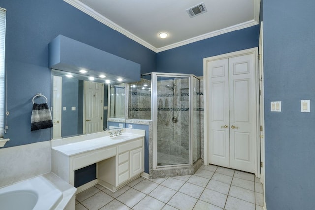 3803 Bobby Jones Way, Round Rock, TX 78664 - full bathroom featuring tile patterned floors, a shower stall, vanity, and ornamental molding