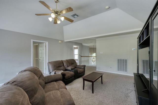 3803 Bobby Jones Way, Round Rock, TX 78664 - living room with a ceiling fan, light colored carpet, and high vaulted ceiling