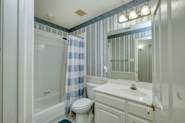 3803 Bobby Jones Way, Round Rock, TX 78664 - full bathroom with wallpapered walls, shower / tub combo, and vanity