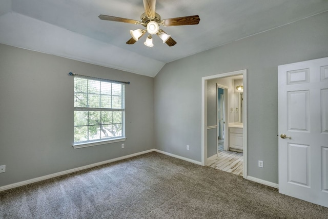 3803 Bobby Jones Way, Round Rock, TX 78664 - unfurnished bedroom with carpet, lofted ceiling, ensuite bath, and ceiling fan