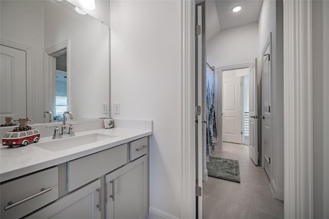 3049 Sage Ranch Dr, Leander, TX 78641 - full bathroom featuring vanity, tile patterned floors, recessed lighting, and curtained shower