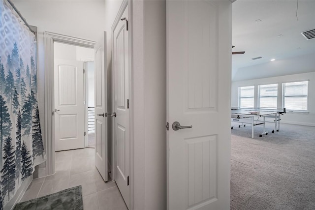 3049 Sage Ranch Dr, Leander, TX 78641 - hallway featuring light carpet, light tile patterned floors, and recessed lighting