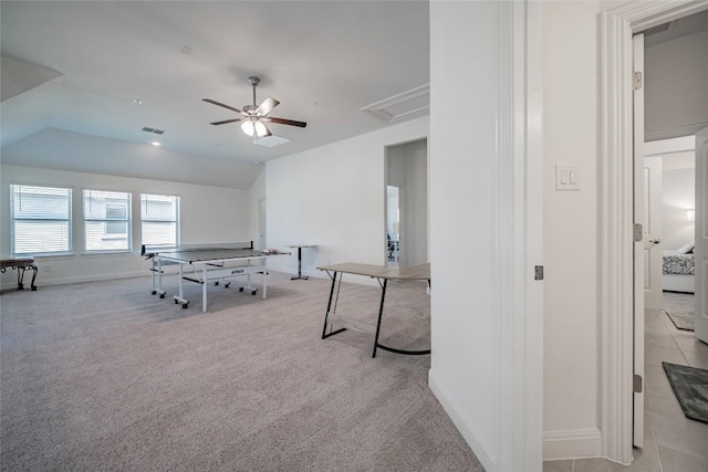 3049 Sage Ranch Dr, Leander, TX 78641 - playroom with ceiling fan, attic access, lofted ceiling, and carpet flooring
