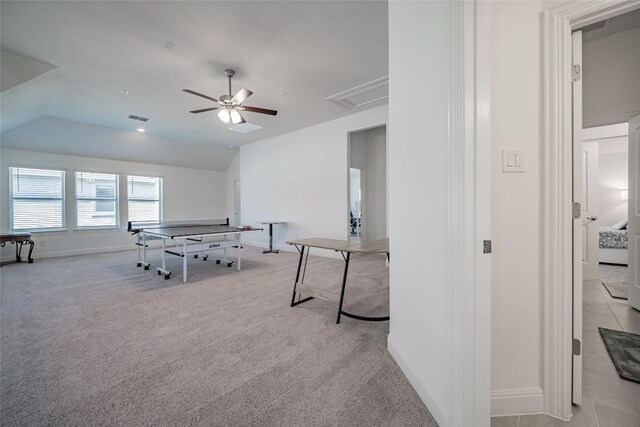 3049 Sage Ranch Dr, Leander, TX 78641 - recreation room featuring ceiling fan, attic access, lofted ceiling, and carpet flooring