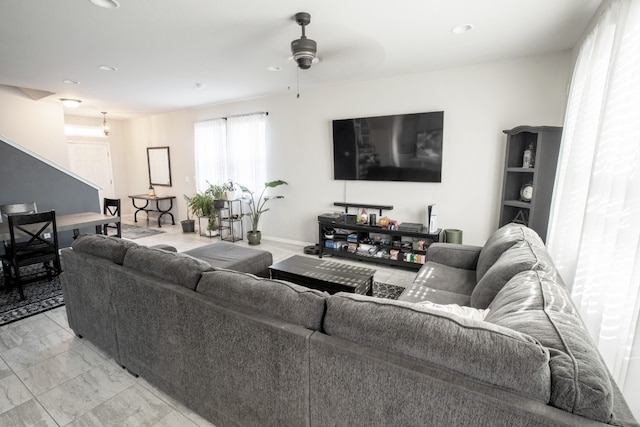 10516 Alemoor Dr, Austin, TX 78747 - living area with recessed lighting, a ceiling fan, and light marble finish floors