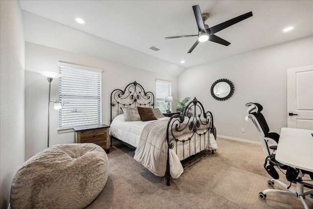 carpeted bedroom with recessed lighting, lofted ceiling, visible vents, baseboards, and ceiling fan