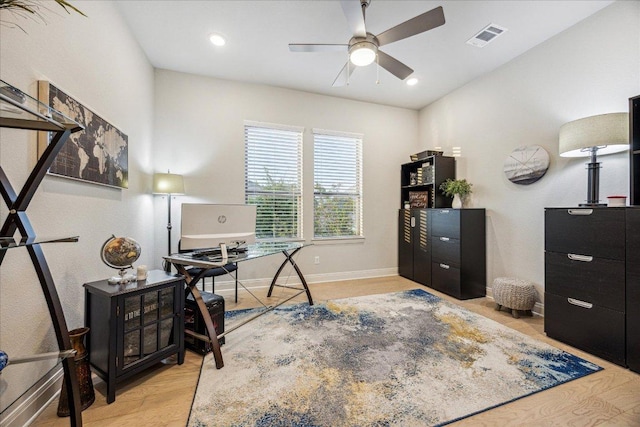 office area featuring wood finished floors, ceiling fan, baseboards, visible vents, and recessed lighting