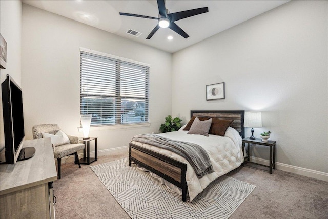bedroom featuring recessed lighting, visible vents, baseboards, and light carpet