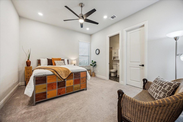 carpeted bedroom featuring baseboards, visible vents, recessed lighting, a ceiling fan, and connected bathroom