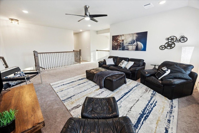 carpeted living area with recessed lighting, visible vents, and ceiling fan