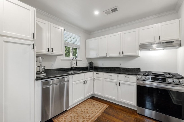 2844 Shoal Crest Ave, Austin, TX 78705 - kitchen featuring dark wood-style flooring, a sink, appliances with stainless steel finishes, under cabinet range hood, and visible vents
