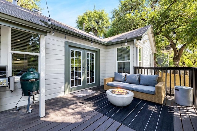 2844 Shoal Crest Ave, Austin, TX 78705 - deck with grilling area, french doors, and an outdoor living space with a fire pit