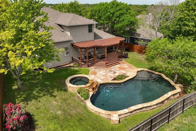 110 Chestnut Ct, Georgetown, TX 78633 - view of pool with an in-ground hot tub, a fenced backyard, a wooden deck, and a patio