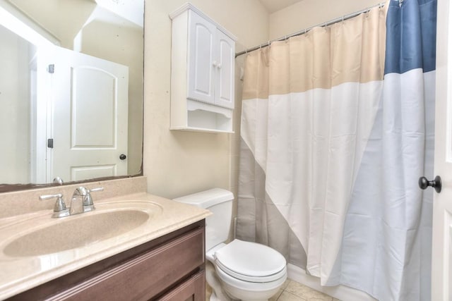 110 Chestnut Ct, Georgetown, TX 78633 - bathroom featuring toilet, vanity, curtained shower, and tile patterned flooring