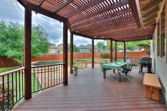110 Chestnut Ct, Georgetown, TX 78633 - wooden terrace with outdoor dining space, a fenced backyard, grilling area, and a pergola