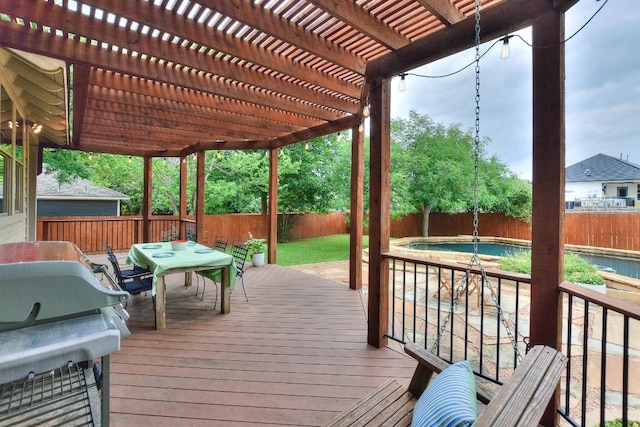 110 Chestnut Ct, Georgetown, TX 78633 - wooden terrace featuring a fenced backyard, outdoor dining space, a pergola, and grilling area