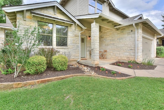 110 Chestnut Ct, Georgetown, TX 78633 - craftsman inspired home featuring stone siding, a garage, a front lawn, concrete driveway, and a shingled roof