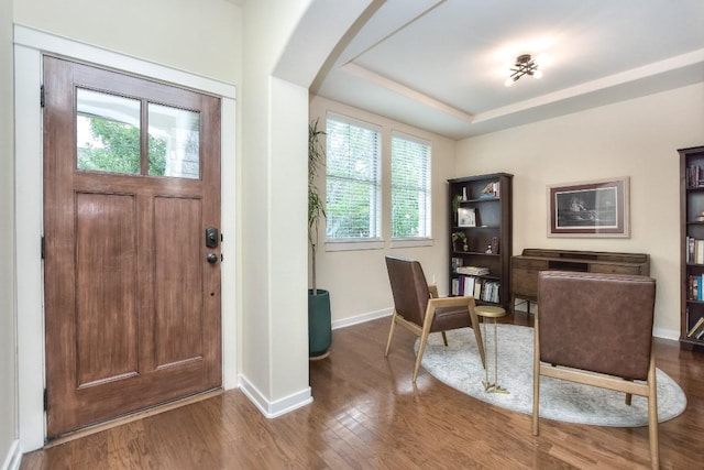 110 Chestnut Ct, Georgetown, TX 78633 - entryway featuring baseboards, wood finished floors, arched walkways, and a tray ceiling