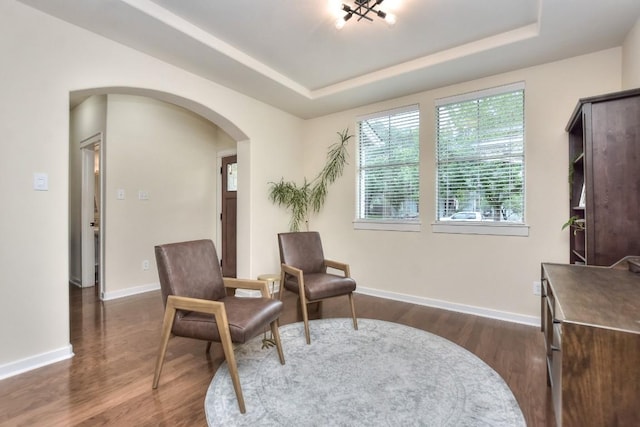 110 Chestnut Ct, Georgetown, TX 78633 - sitting room featuring arched walkways, dark wood-type flooring, and a tray ceiling