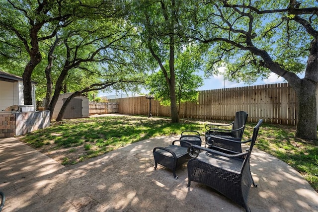 3403 NW Blvd, Georgetown, TX 78628 - fenced backyard with a patio, a storage shed, and area for grilling