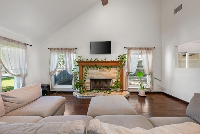 3403 NW Blvd, Georgetown, TX 78628 - living room featuring high vaulted ceiling, hardwood / wood-style floors, and a fireplace