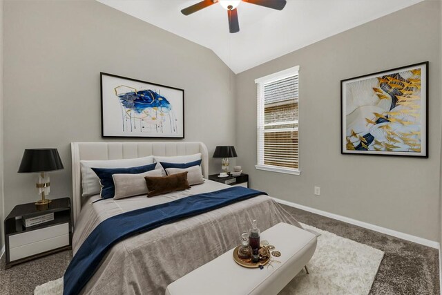 bedroom featuring carpet flooring, baseboards, lofted ceiling, and a ceiling fan