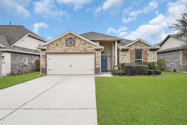 french country home with stone siding, a front yard, and a garage